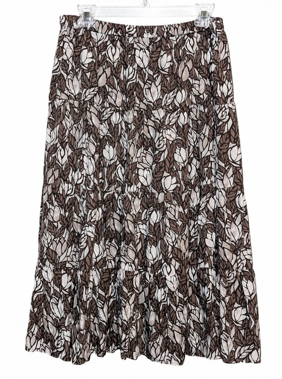 Women’s Brown Leaf-Print Tiered Skirt